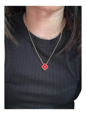 18k Plated Gold Chain Necklace with Red Clover Pendant